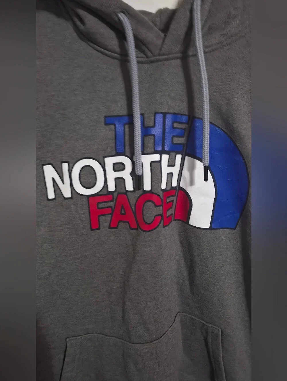 The North Face Men's Grey Hoodie with Red, White & Blue Logo Size L